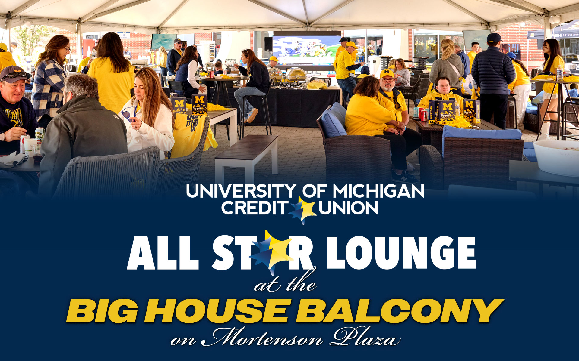 Experience the UMCU All-Star Lounge at the Big House Balcony on Mortenson Plaza