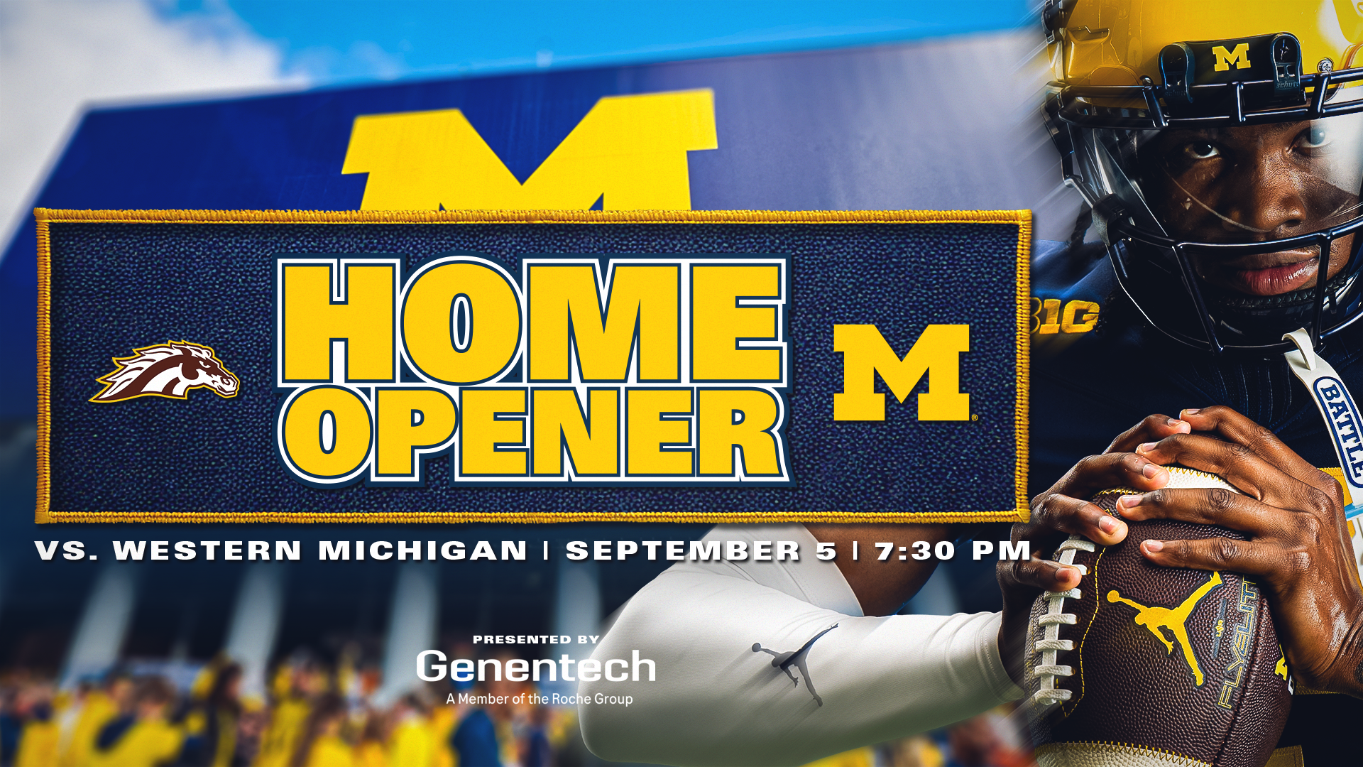 Home Opener graphic showing logos for Western Michigan and Michigan and Bryce Underwood holding a football
