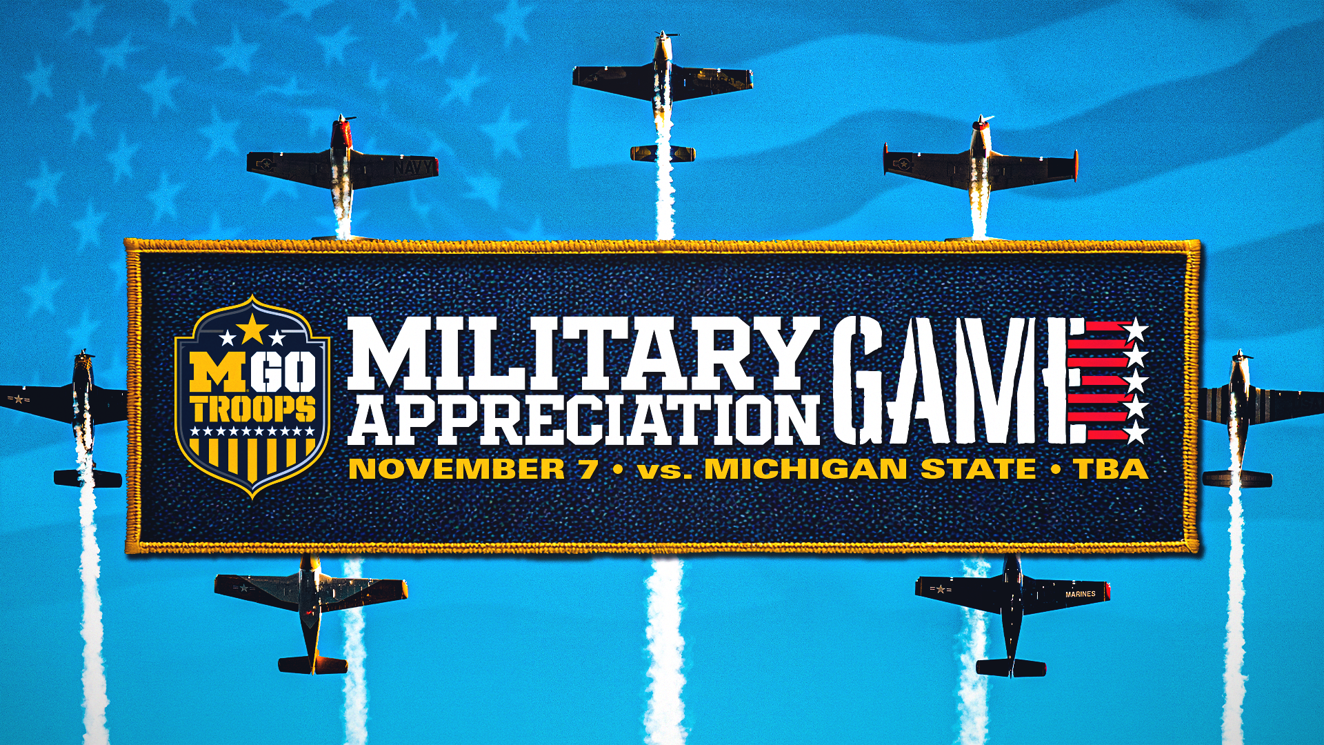 Military Appreciation graphic with planes flying overhead and the American flag in the background