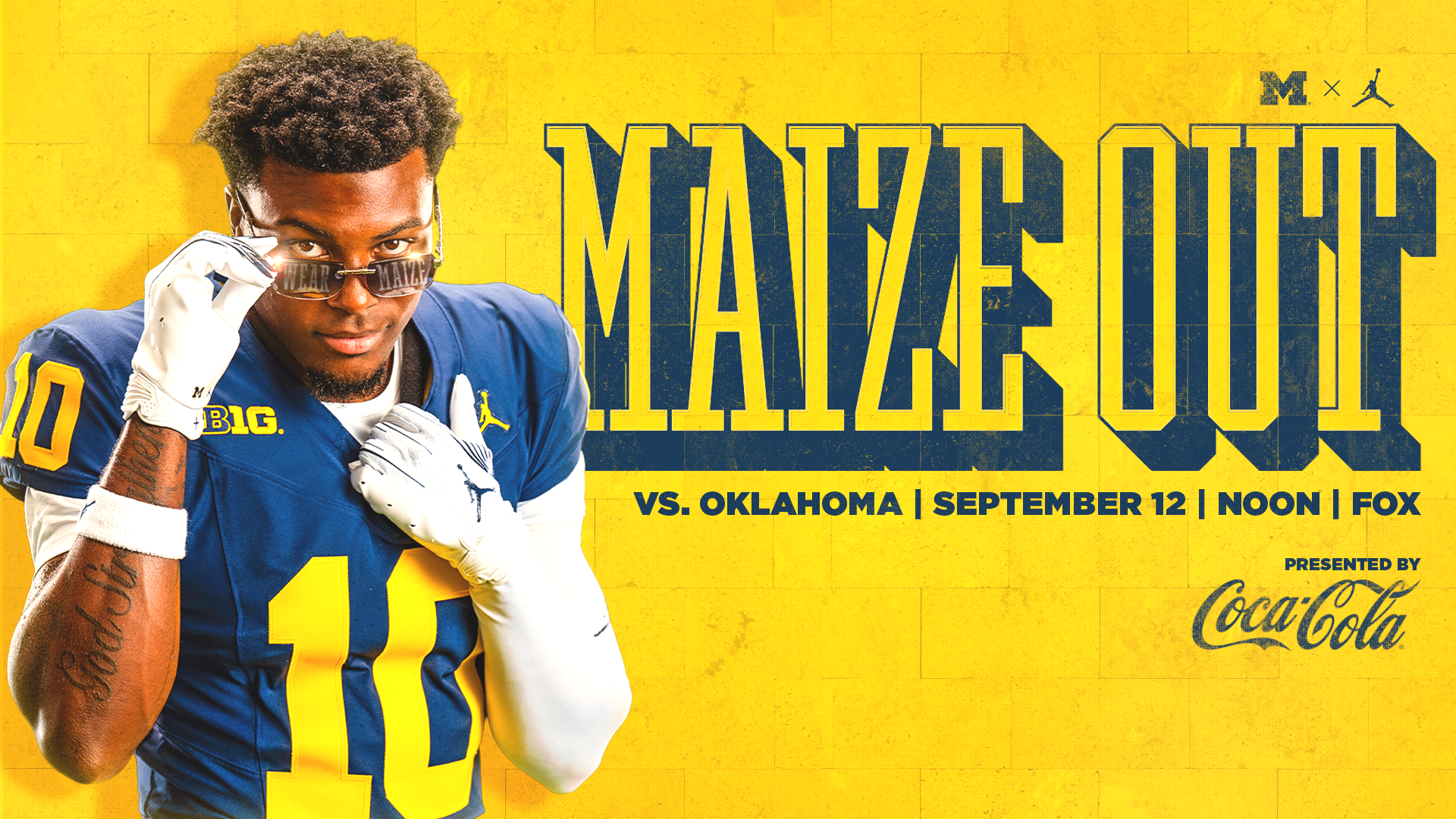 Maize Out graphic with Zeke Berry pulling down sunglasses that have the words Maize Out over them
