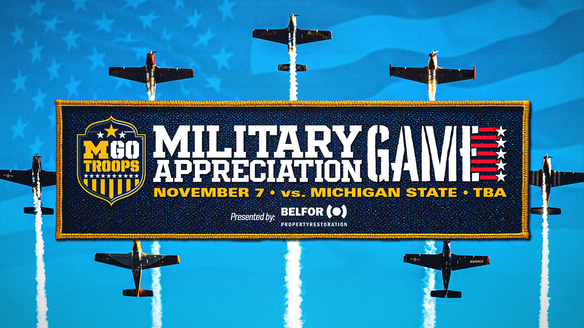 Military Appreciation graphic with planes flying overhead and the American flag in the background