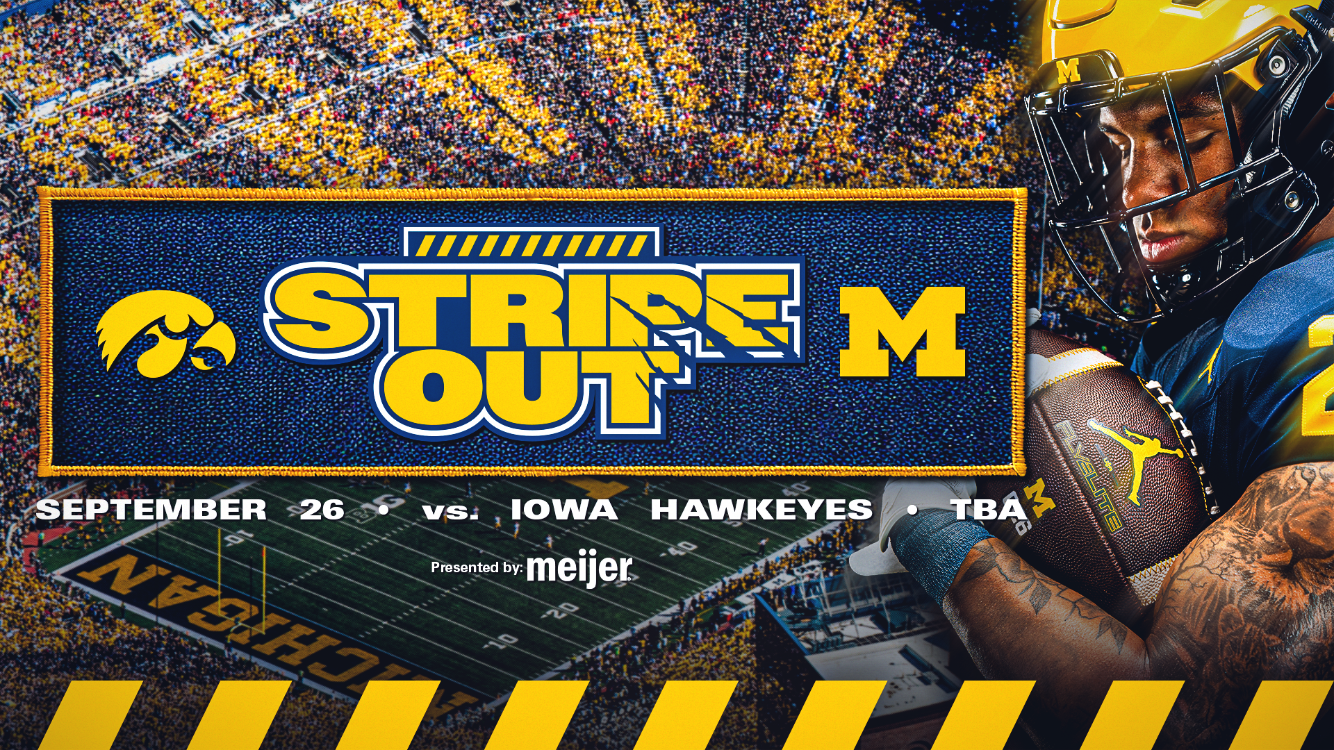 Stripe Out Graphic with stadium in stripe out mode and Jordan Marshall holding a football