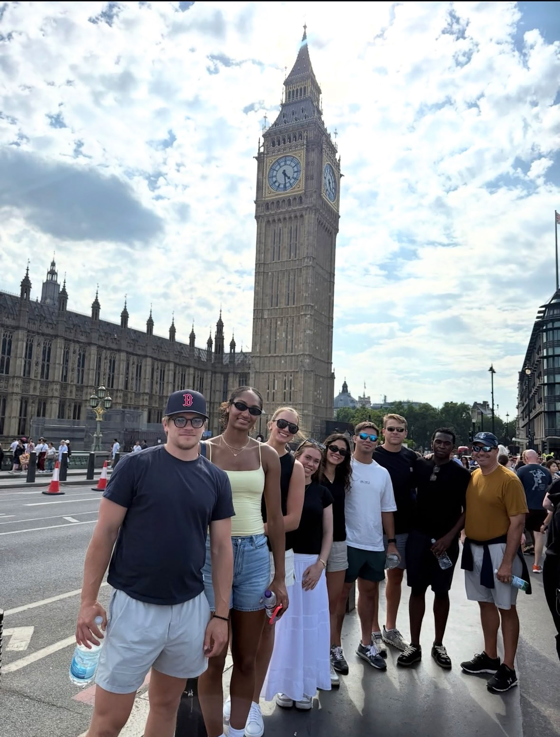 Student-athletes outside the Big Ben clock in London