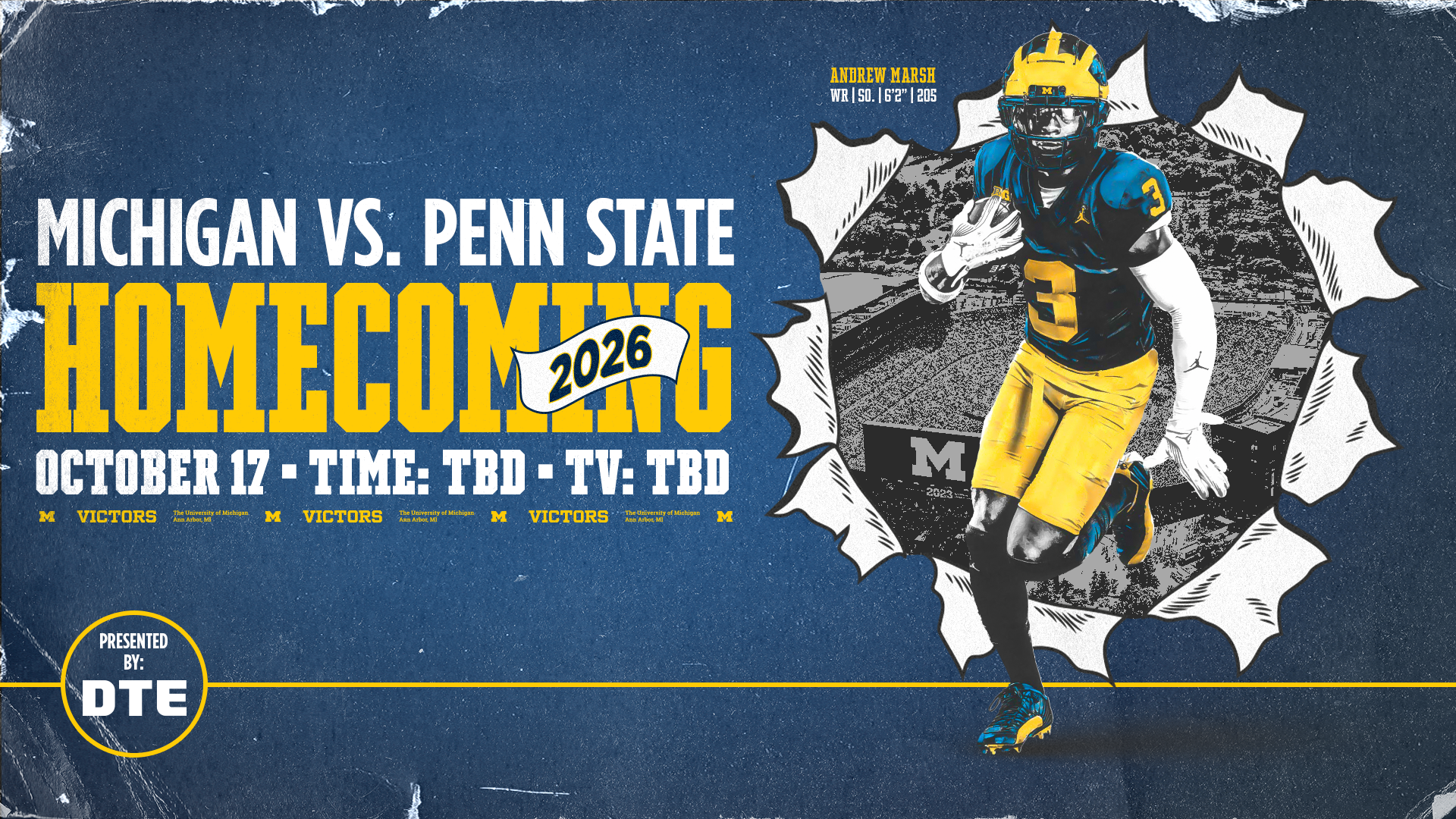 Homecoming Graphic with Andrew Marsh running with the football and exploding out of the background