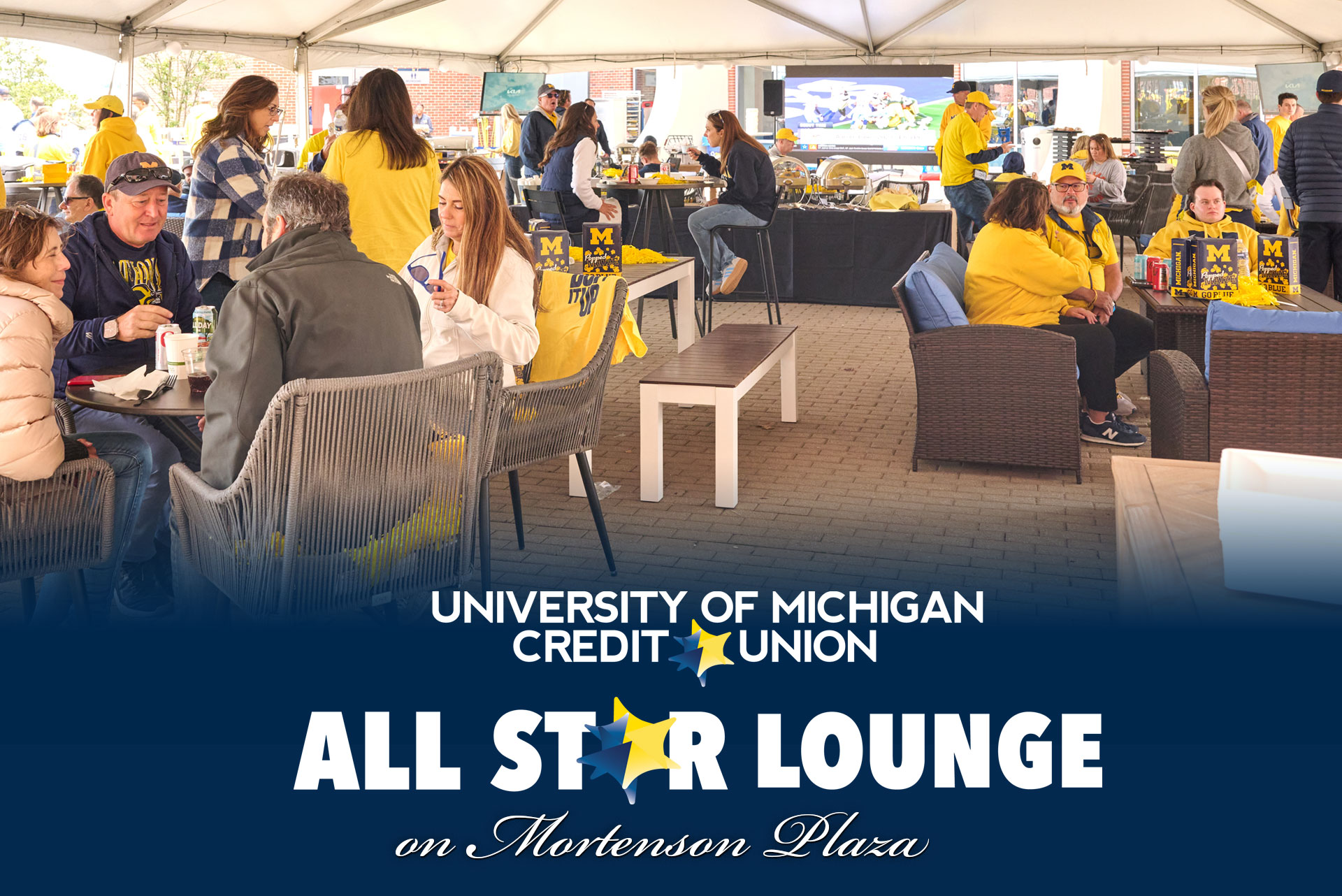 Experience the UMCU All-Star Lounge at the Big House Balcony on Mortenson Plaza