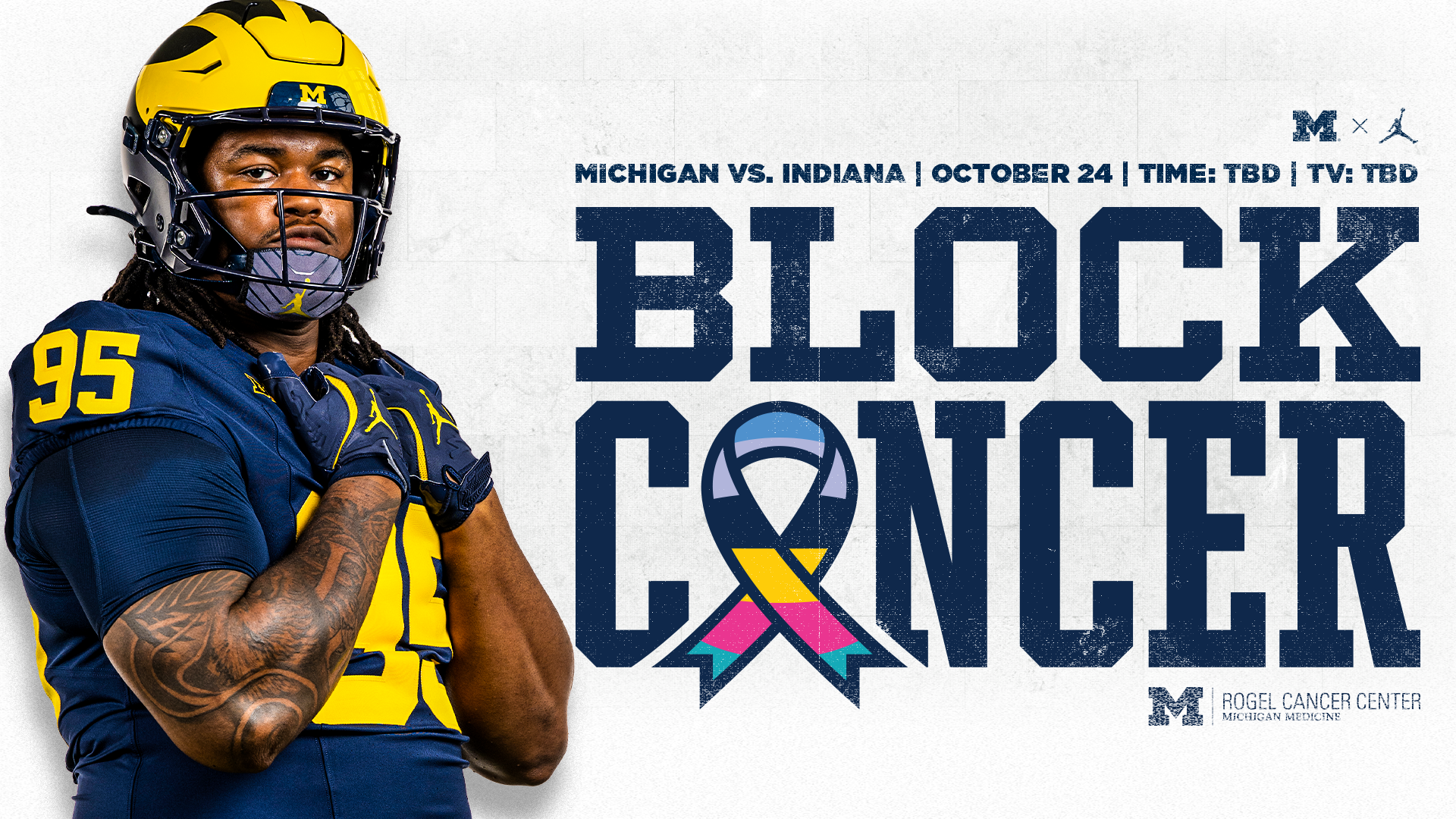 Block Cancer graphic and image of Trey Pierce standing and holding his jersey